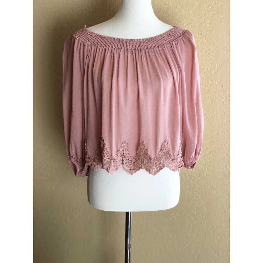 Lush Womens Pink Off The Shoulder Crochet Hem Blouse Top Size S - Picture 8 of 8